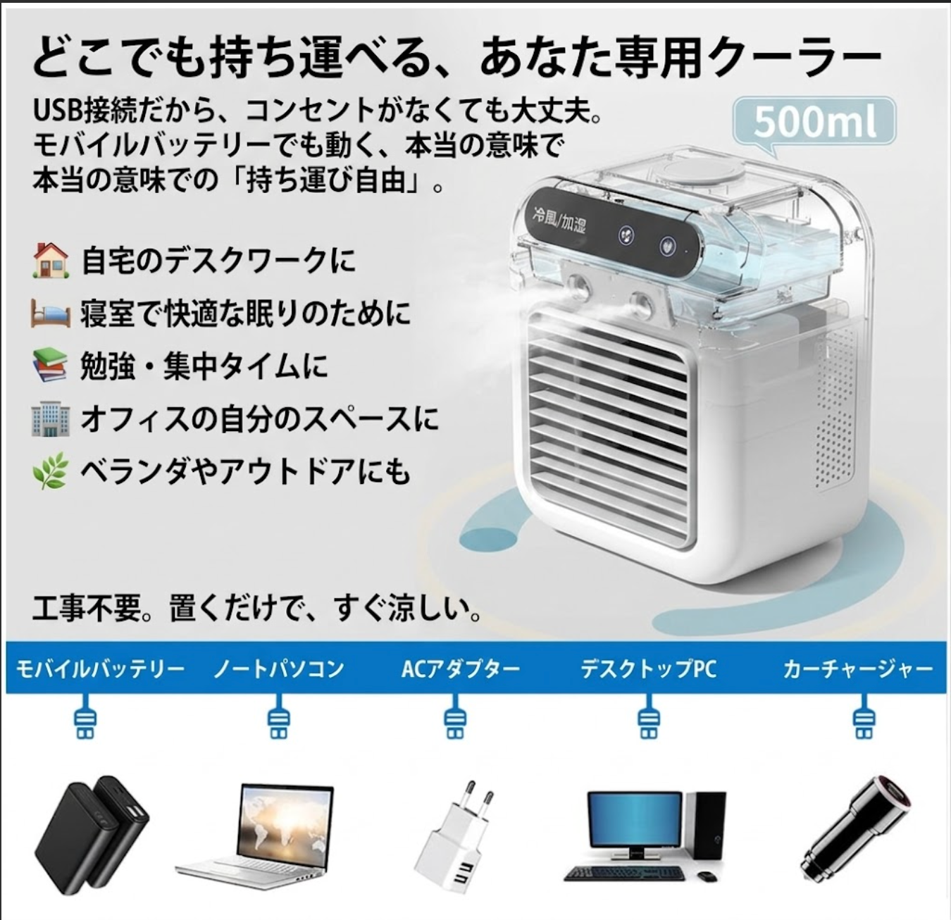 【2026年最新版・強力冷却】アイスミスト クーラーPro ™卓上冷風扇 ポータブルクーラー デュアルノズルミスト 小型エアコン 加湿器 3段階風量 USB給電 工事不要 オフィス・寝室・テレワーク対応 ホワイト