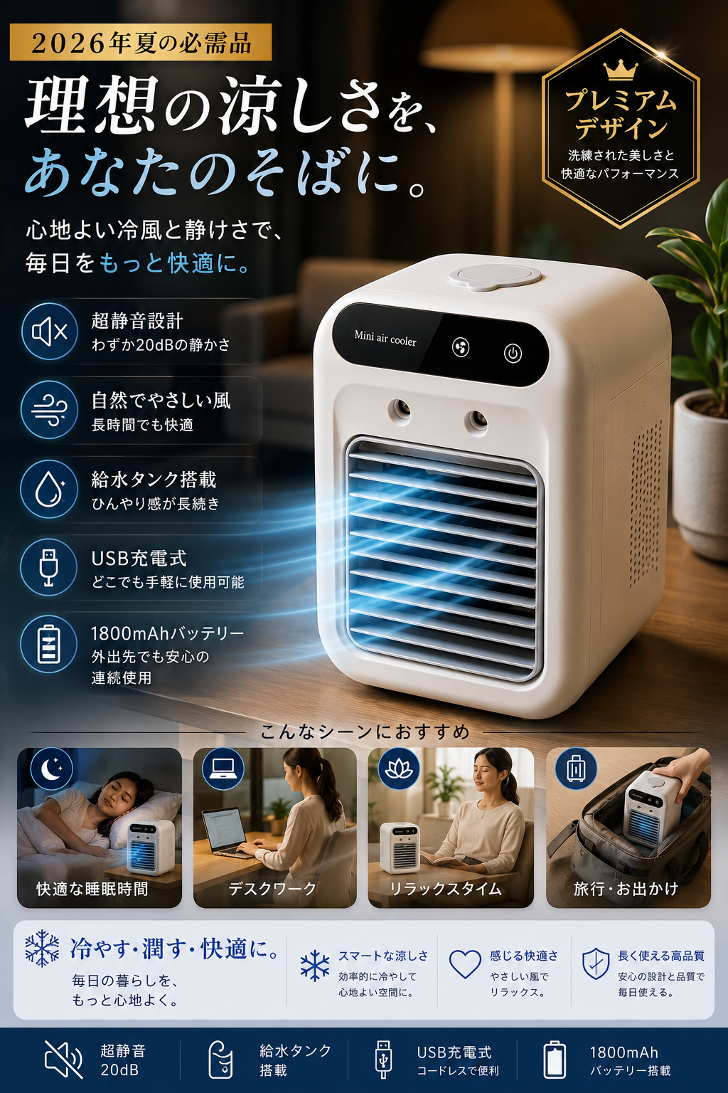 【2026年最新版・強力冷却】アイスミスト クーラーPro ™卓上冷風扇 ポータブルクーラー デュアルノズルミスト 小型エアコン 加湿器 3段階風量 USB給電 工事不要 オフィス・寝室・テレワーク対応 ホワイト