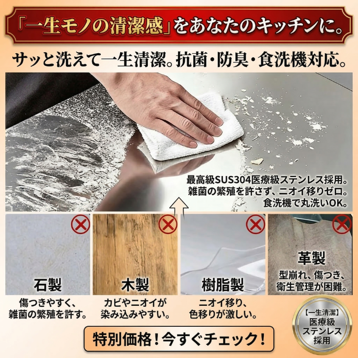 【もう雑菌やニオイに悩まない！】プロも絶賛する一生モノの清潔感。サッと洗えてキズがつかない、医療級ステンレス採用の極上まな板『KireiBoard Pro』【抗菌・防臭・食洗機対応】