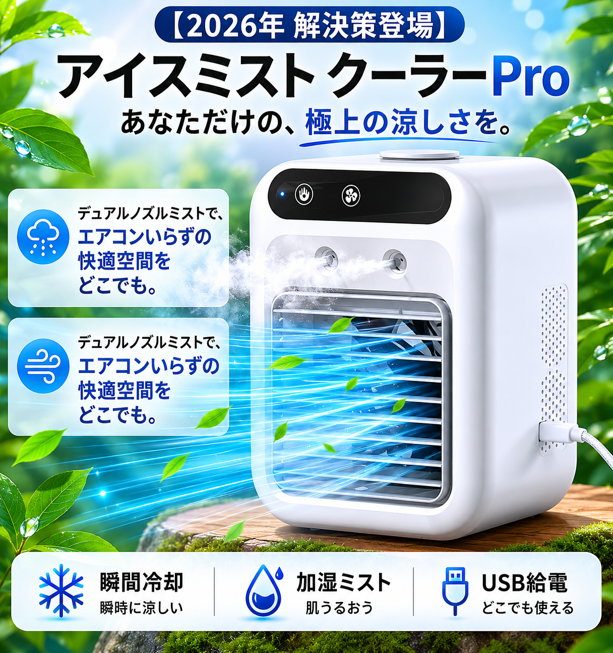 【2026年最新版・強力冷却】アイスミスト クーラーPro ™卓上冷風扇 ポータブルクーラー デュアルノズルミスト 小型エアコン 加湿器 3段階風量 USB給電 工事不要 オフィス・寝室・テレワーク対応 ホワイト
