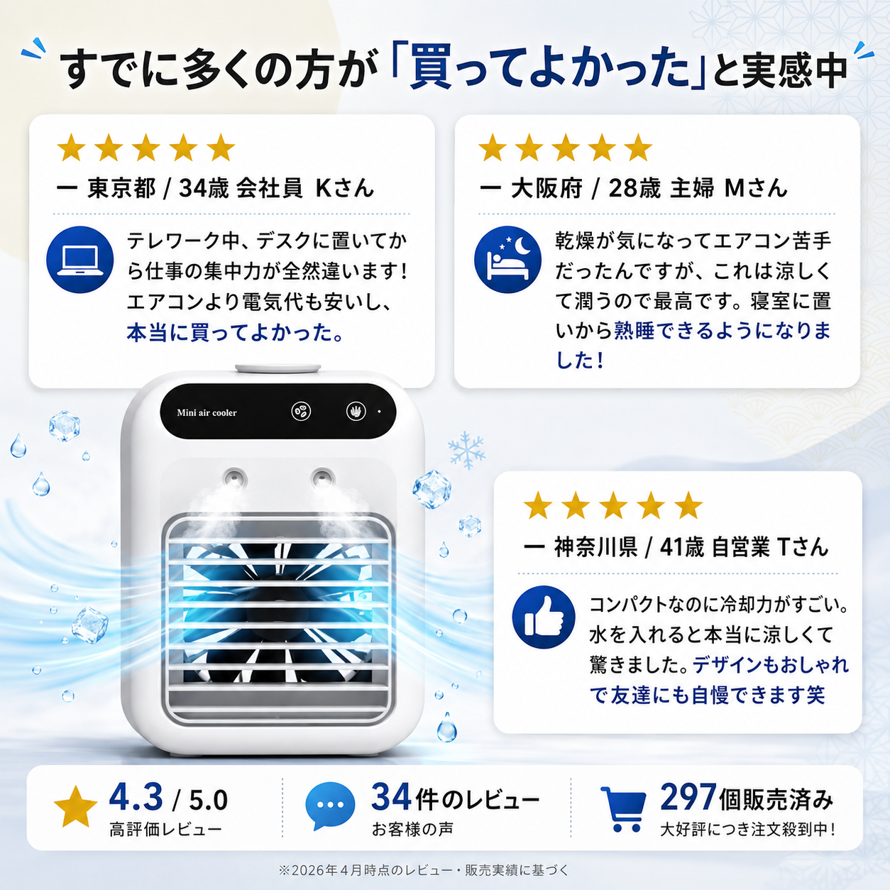 【2026年最新版・強力冷却】アイスミスト クーラーPro ™卓上冷風扇 ポータブルクーラー デュアルノズルミスト 小型エアコン 加湿器 3段階風量 USB給電 工事不要 オフィス・寝室・テレワーク対応 ホワイト