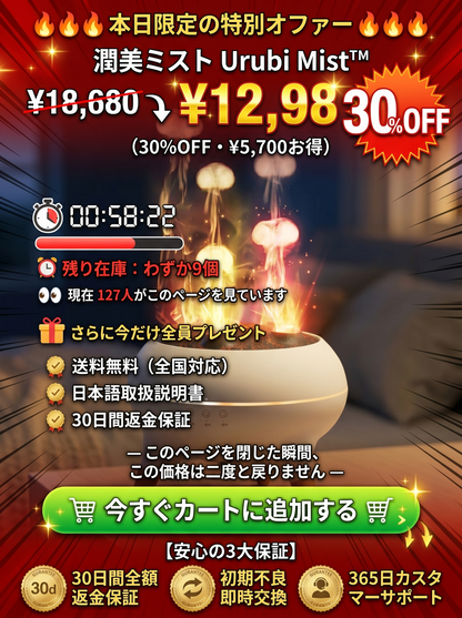 【本日限定30%OFF・送料無料】「楽天ランキング1位」Urubi Mist™ 潤美ミスト 加湿器 卓上 超音波式 アロマ対応 7色LEDライト 大容量 最大8時間連続運転 静音 上から給水 リモコン付き 寝室 オフィス おしゃれ ギフト 乾燥対策【30日間返金保証】