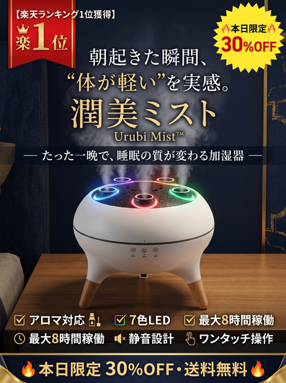 【本日限定30%OFF・送料無料】「楽天ランキング1位」Urubi Mist™ 潤美ミスト 加湿器 卓上 超音波式 アロマ対応 7色LEDライト 大容量 最大8時間連続運転 静音 上から給水 リモコン付き 寝室 オフィス おしゃれ ギフト 乾燥対策【30日間返金保証】