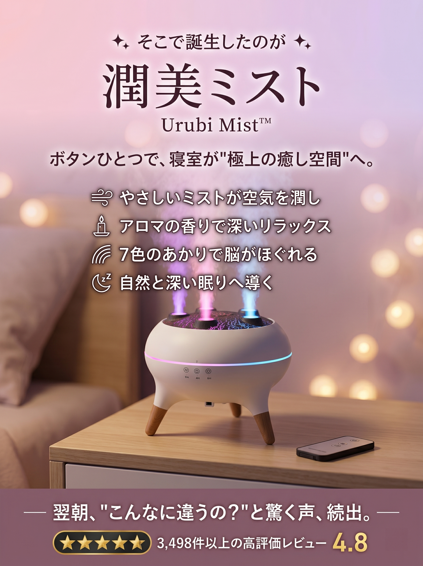 【本日限定30%OFF・送料無料】「楽天ランキング1位」Urubi Mist™ 潤美ミスト 加湿器 卓上 超音波式 アロマ対応 7色LEDライト 大容量 最大8時間連続運転 静音 上から給水 リモコン付き 寝室 オフィス おしゃれ ギフト 乾燥対策【30日間返金保証】